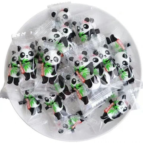 Desipan individually wrapped panda candies with bamboo, black and white design, clear wrappers.