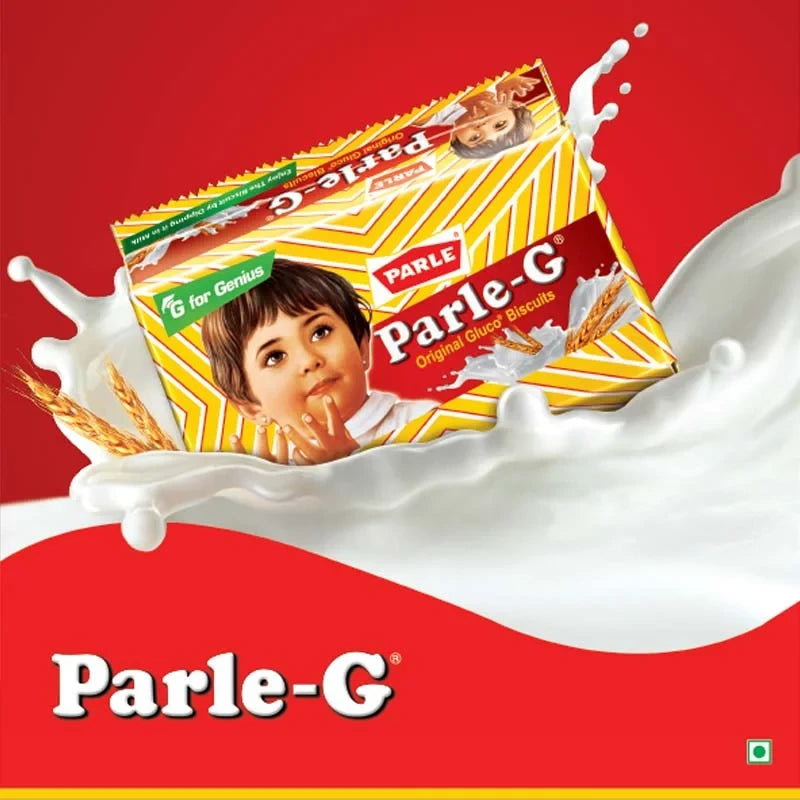 Desipan Parle-G Original Gluco Biscuits in iconic yellow and red packaging, splashing into milk with wheat stalks.