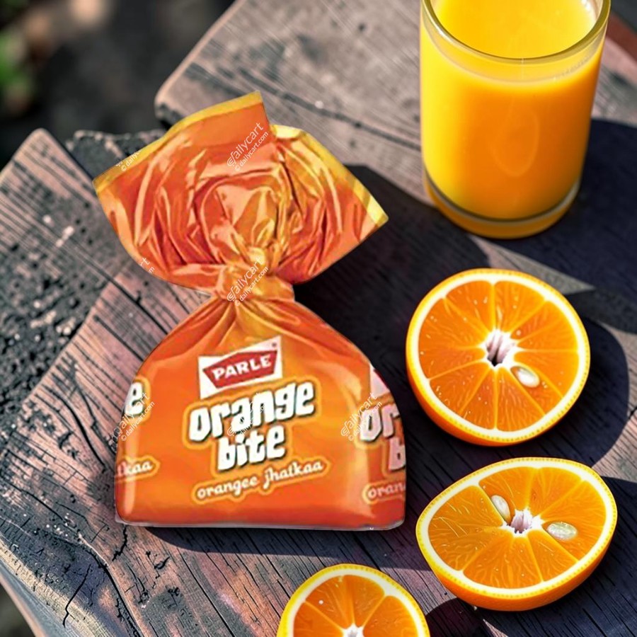 Desipan Parle Orange Bite candies, individually wrapped in orange foil, offering a zesty orange flavor.
