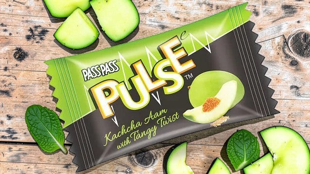 Desipan Pass Pass Pulse Kanchha Aam candy with raw mango and tangy twist flavor.