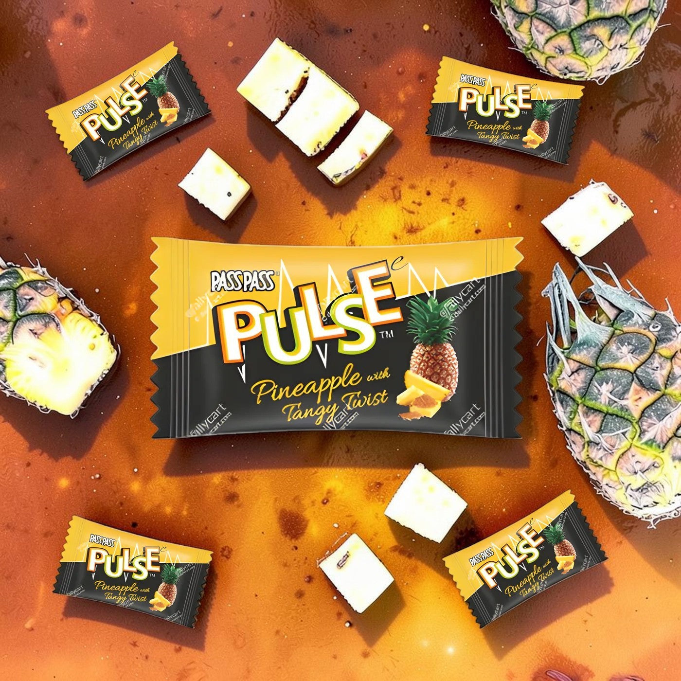 Desipan Pulse Pineapple Tangy Twist candy wrappers featuring pineapple and citrus slices. Individually wrapped.