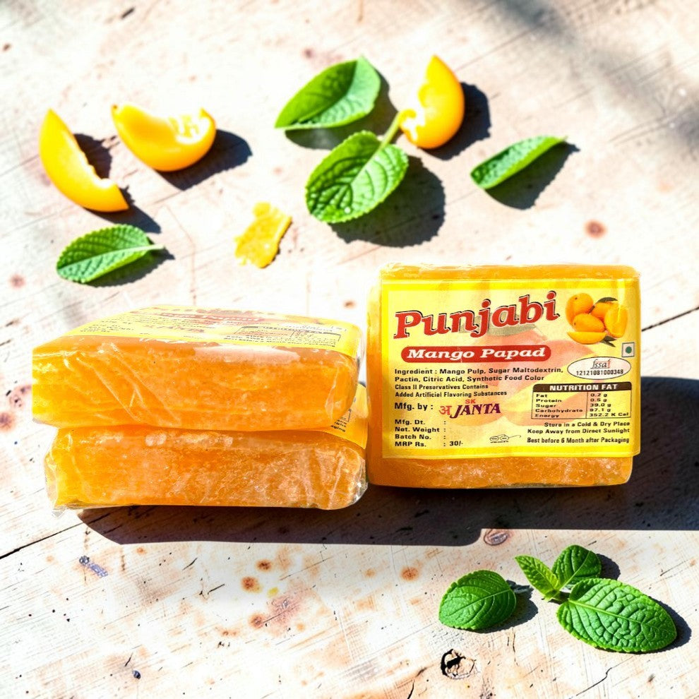 Desipan Punjabi Mango Papad, sweet and tangy Indian snack made with real mango pulp, sugar, and citric acid.