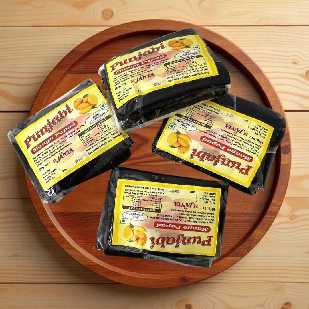 Desipan Punjabi Mango Papads, sweet and tangy traditional Indian snack made with real mango pulp, sugar, and citric acid.