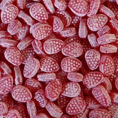 Desipan Raspberry Bonbons, classic hard candies dusted with sugar, offering a fruity raspberry flavor and old-fashioned shape.