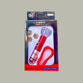 Desipan red metal laser pointer and LED keychain with clear faceted cap and red carabiner clip. Includes batteries.