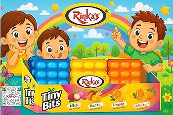 Desipan Rinka's Tiny Bits fruit candy assortment with Litchi, Mango, and Mix Fruit flavors. Features cartoon children.
