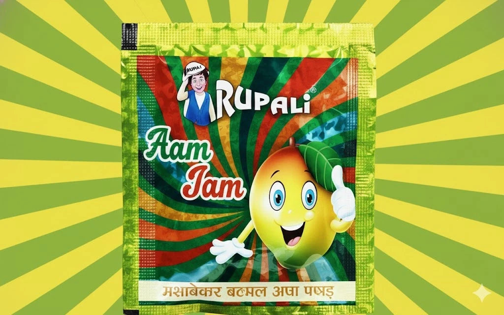 Desipan Rupali Aam Jam mango flavored candy powder packet with cartoon mango giving thumbs up.