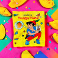 Desipan Sonu's Mango Masti candy wrapper with cartoon boy thinking of mangoes. Yellow wrapper with red and blue accents.