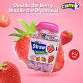 Desipan Cintu's Strawberry Doubles candy jar filled with individually wrapped strawberry candies. Features real strawberry imagery.