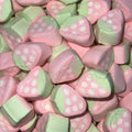 Desipan Strawberry Shaped Marshmallow Candies, pink and green with white seeds, soft and fluffy.