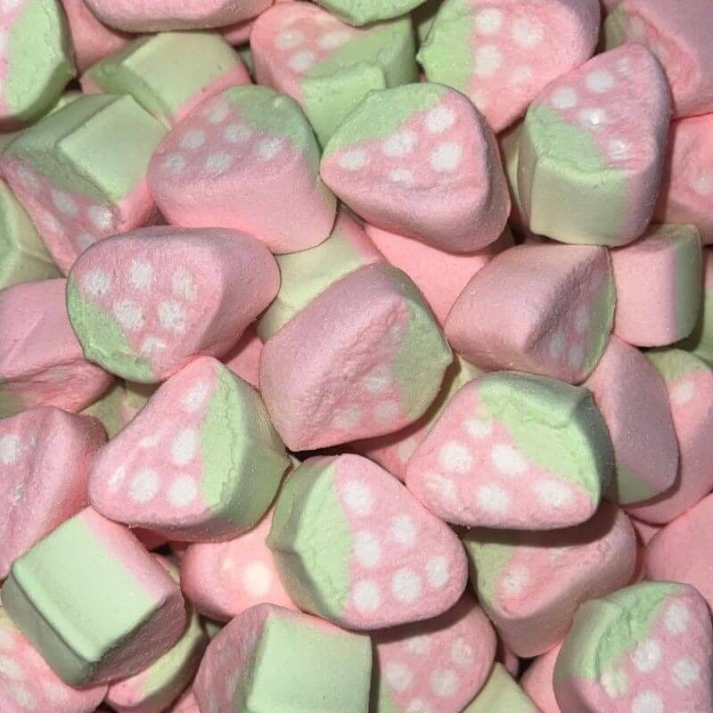 Desipan Strawberry Shaped Marshmallow Candies, pink and green with white seeds, soft and fluffy.