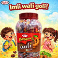 Desipan Raju Chatpata Tamarind Candy Goli jar with cartoon children, featuring tamarind fruit.