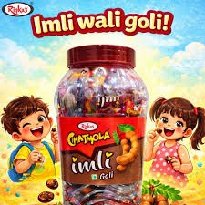 Desipan Raju Chatpata Tamarind Candy Goli jar with cartoon children, featuring tamarind fruit.