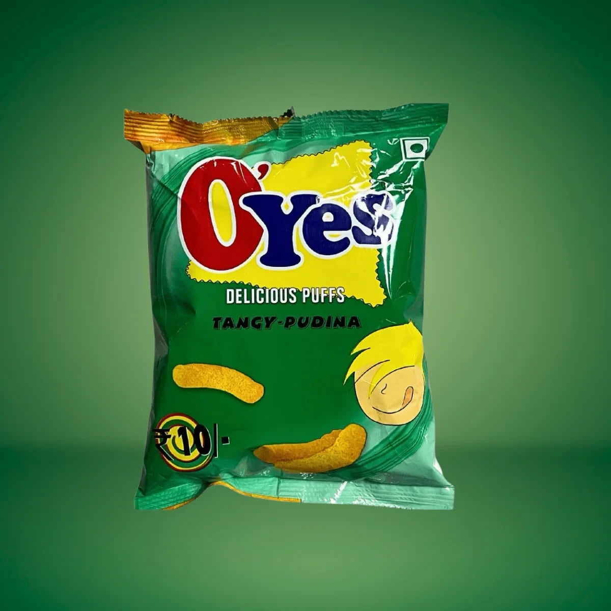 Desipan Oyes Delicious Puffs Tangy Pudina snack bag with puffed snacks visible.