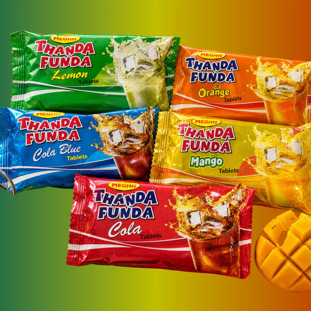 Desipan Thanda Funda refreshing drink tablets in Lemon, Orange, Cola Blue, Mango, and Cola flavors.