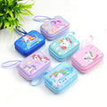 Desipan collection of zippered coin purses featuring colorful unicorn and rainbow designs on pastel blue, purple, pink, and green metal cases with wrist straps.