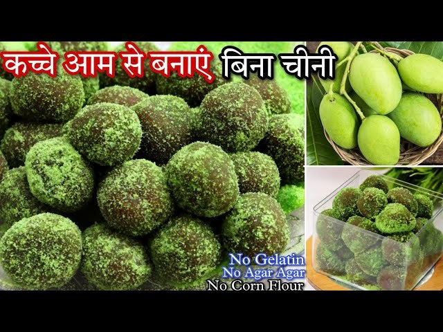 Desipan Unsweetened Mango Balls Dessert, dark brown interior coated in vibrant green powder, made from raw mangoes, no gelatin, agar-agar, or corn flour.